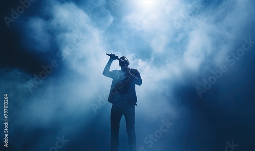 Rock musician singer holding a microphone standing on stage singing. Blue smoke clouds.