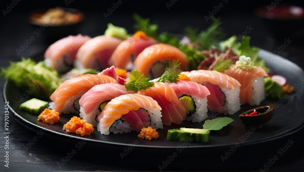 Nigiri sushi and sashimi sushi on wooden serving board with soy sauce over black stone texture background. Japanese menu Nigiri sushi and sashimi sushi on wooden serving board with soy sauce over black stone texture background. Japanese menu