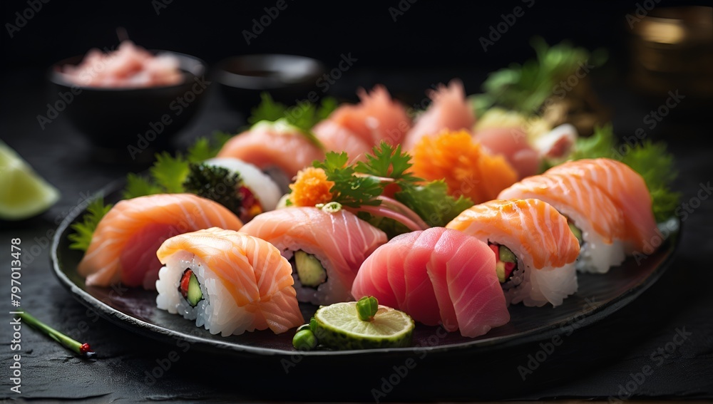 Nigiri sushi and sashimi sushi on wooden serving board with soy sauce over black stone texture background. Japanese menu Nigiri sushi and sashimi sushi on wooden serving board with soy sauce over black stone texture background. Japanese menu
