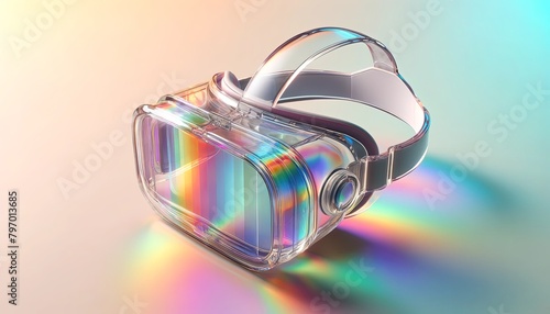 Iridescent virtual reality headset on pastel gradient, fusing technology with futuristic aesthetics