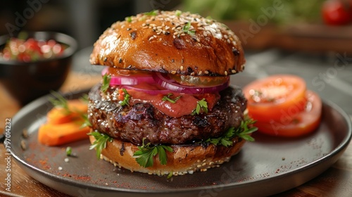 Mouthwatering gourmet burger served with fresh lettuce, tomatoes, and fiery aioli sauce © Yusif