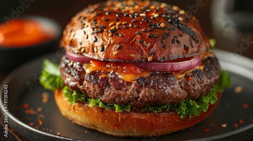Mouthwatering gourmet burger served with fresh lettuce, tomatoes, and fiery aioli sauce photo