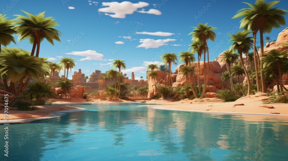 Stunning desert oasis with vibrant palm trees and tranquil waters under a fiery sunset