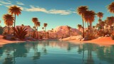 Stunning desert oasis with vibrant palm trees and tranquil waters under a fiery sunset