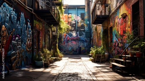 Musician playing guitar in a sunlit alley  surrounded by urban decay and touches of nature