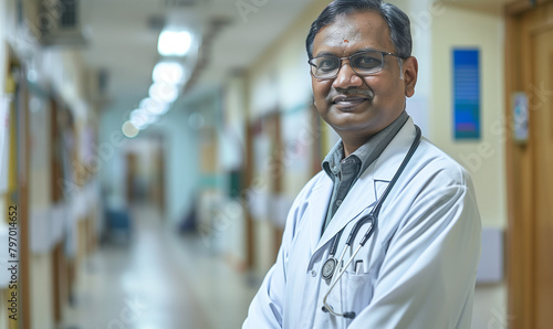 A confident Indian doctor stands in the background of the hospital corridor. Its presence reflects the multicultural nature of the medical staff dedicated to providing care