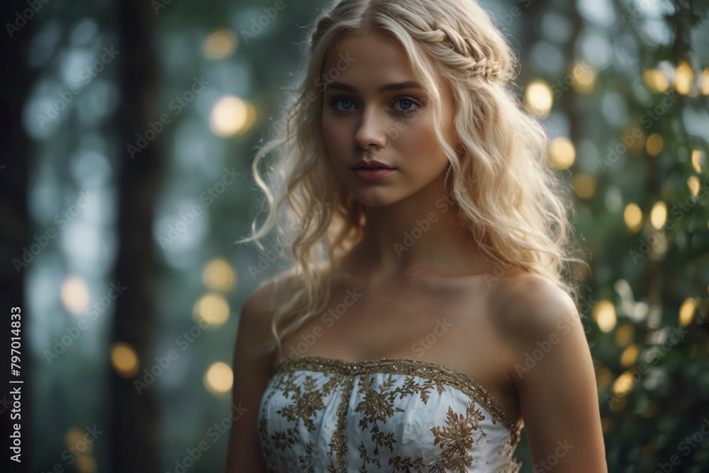 A beautiful blonde girl in a beautiful medieval dress in the forest. A beautiful blonde girl in a beautiful medieval dress in the forest.