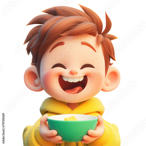 A cartoon character is joyfully and amazedly depicted holding an empty bowl in both hands photo