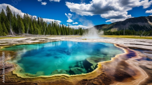 Breathtaking fantasy landscape with kaleidoscopic hot springs surrounded by rugged mountains