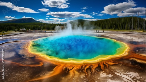 Breathtaking fantasy landscape with kaleidoscopic hot springs surrounded by rugged mountains
