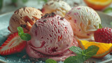 Scoops of ice cream with pieces of hazelnut, mint and chocolate, orange and strawberry, 