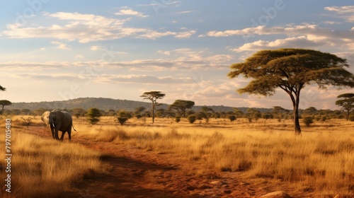 A majestic elephant walks alone through a golden African landscape at sunset