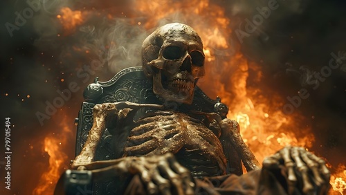 Ruling a Cursed Kingdom: The Skeletal King on His Bone Throne with Dark Magic. Concept Dark Fantasy, Skeleton King, Curse, Bone Throne, Kingdom rulership photo