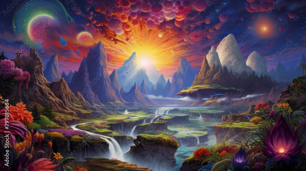 Vibrant alien landscape with sunset, lush meadows, and distant planets