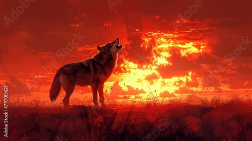 Majestic lone wolf silhouetted against a dramatic sunset in vibrant orange hues