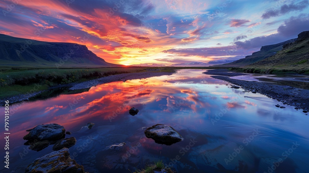 Majestic sunset over tranquil river landscape Majestic sunset over tranquil river landscape