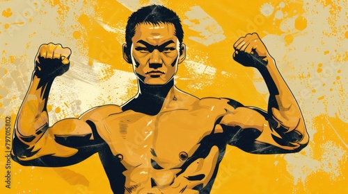 Asian guy on a yellow background flexes his muscles.