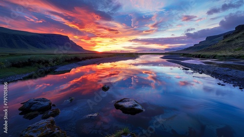 Majestic sunset over tranquil river landscape © Denys
