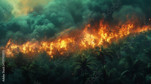 Intense blaze enveloping a lush tropical rainforest under a smoky sky © Yusif