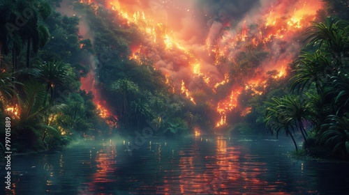 Intense blaze enveloping a lush tropical rainforest under a smoky sky
