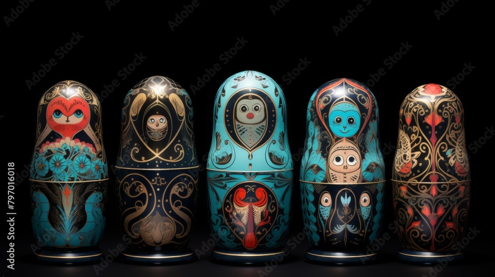 Colorful collection of Russian matryoshka dolls displayed in dark setting