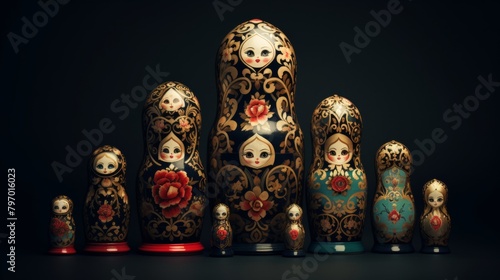 Colorful collection of Russian matryoshka dolls displayed in dark setting photo