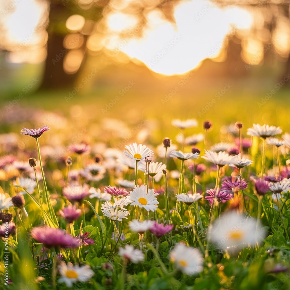 Obraz premium A serene spring vista welcomes the eye with a carpet of vibrant meadow flowers and cheerful daisies nestled among verdant grass. 