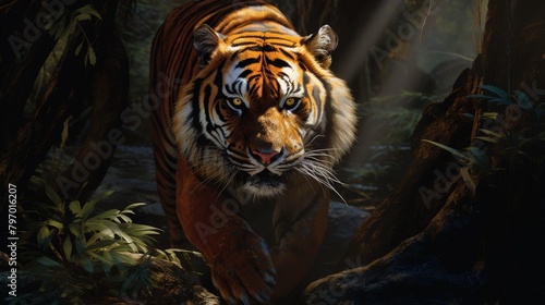 Majestic Bengal tiger in lush jungle, natural sunlight illuminating the scene