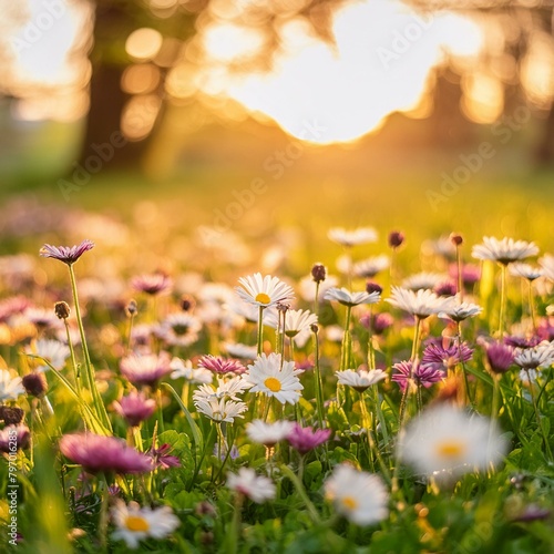 A serene spring vista welcomes the eye with a carpet of vibrant meadow flowers and cheerful daisies nestled among verdant grass. 