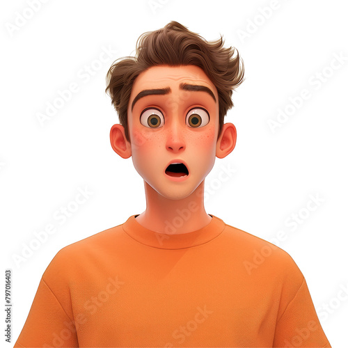 A young American man looking surprised is dressed in a comfy cotton t shirt against a transparent background with room for text © pngking