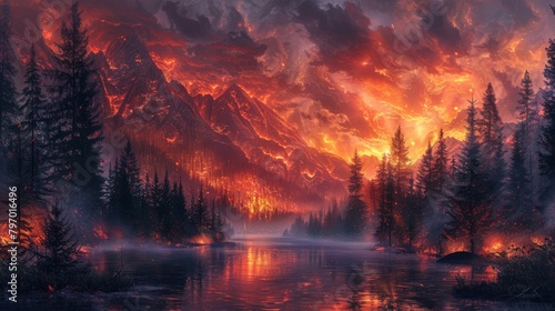 Surreal landscape depicting fiery skies and serene waters at dusk