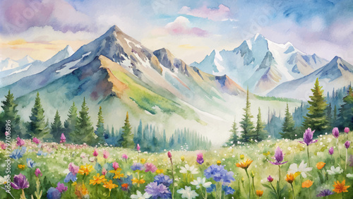 Watercolor background of wildflowers in the mountains © Fauzi Arts