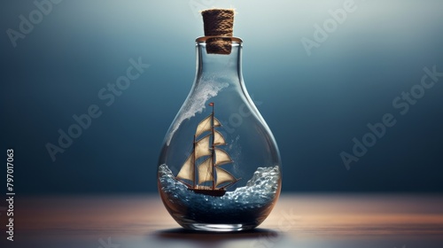 Exquisite miniature sailboat encapsulated in a glass bottle against a blue background