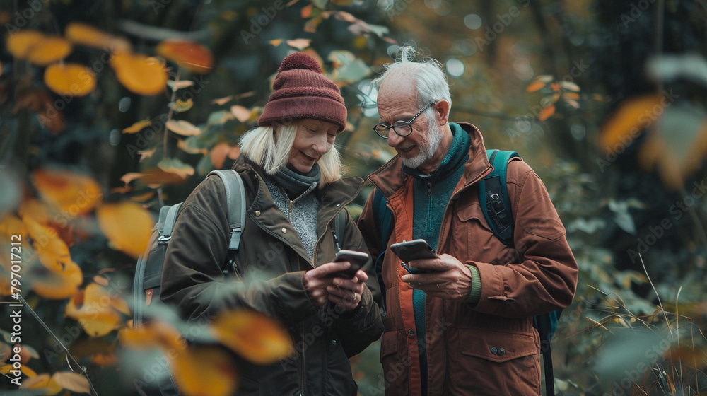 Senior Couple Using Smartphone Outdoors, Enjoying Retirement Together. Healthy, Active Lifestyle In Nature With Mobile Apps And Music.