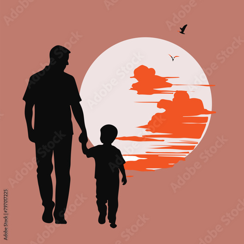 Happy father day: dad and son Silhouette vector illustration, Father and son vector design, Father's Day dad and son in arm design background