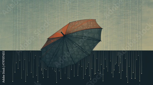 Artistic depiction of an open umbrella against a rainy backdrop in minimalist style