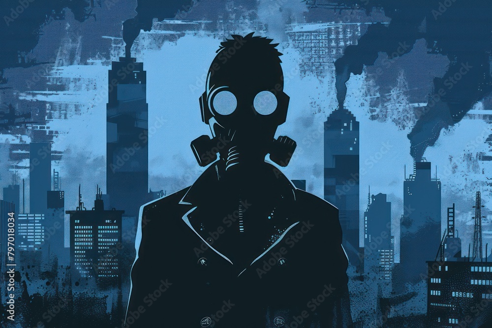 Man in hood and gas mask amid ruins, a haunting depiction of survival in post-apocalyptic landscape. Man in hood and gas mask amid ruins, a haunting depiction of survival in post-apocalyptic landscape.