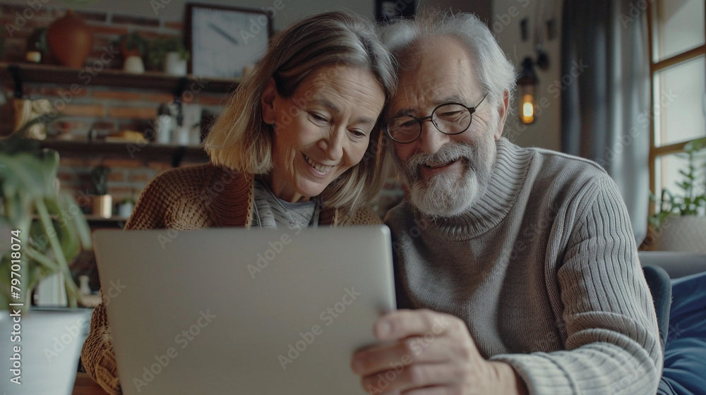 Smiling Senior Couple Using Laptop Computer At Home, Technology For Happy Retirement Lifestyle Smiling Senior Couple Using Laptop Computer At Home, Technology For Happy Retirement Lifestyle