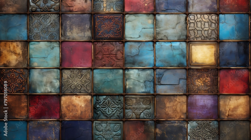 Colorful mosaic of textured tiles in blues, browns, and reds creates an artistic wall