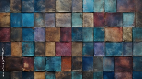 Colorful mosaic of textured tiles in blues, browns, and reds creates an artistic wall