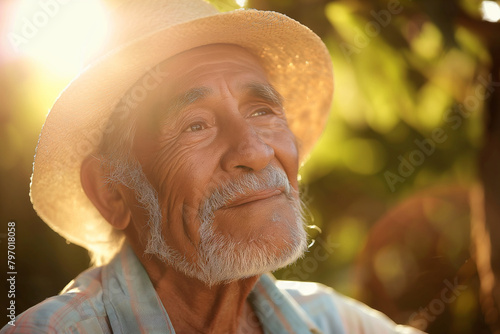 Latin senior man portrait wearing a hat