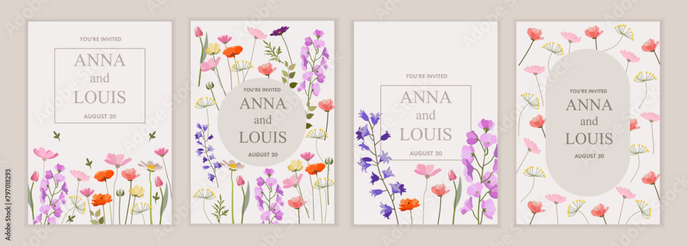 Set of wedding invitations. Cards with floral designs. Vector plant flat illustration.