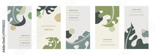 Flyers with tropical leaves. Set of summer abstract banners. Templates for stories, flyers, cards, web banners. Vector modern illustration.