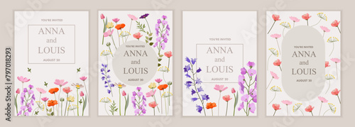 Set of wedding invitations. Cards with floral designs. Vector plant flat illustration.