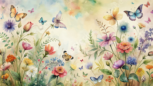 Wildflower watercolor background with colorful butterflies © Fauzi Arts
