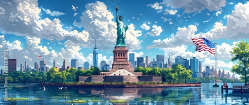 Statue of Liberty with Waving American Flag and Manhattan Skyline photo