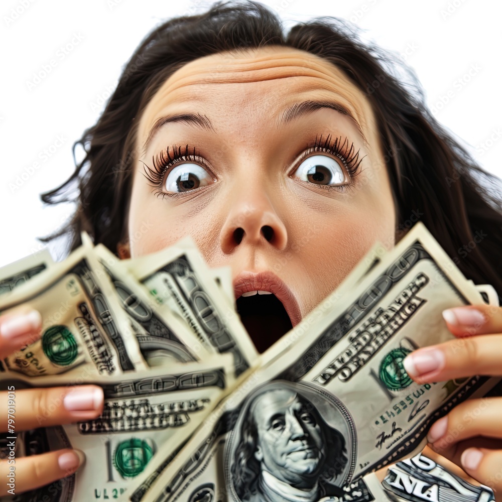 Person holding money with shocked expression. Great for stories about windfall, lottery, bonus, jackpot, inheritance, sudden wealth and more. Person holding money with shocked expression. Great for stories about windfall, lottery, bonus, jackpot, inheritance, sudden wealth and more.
