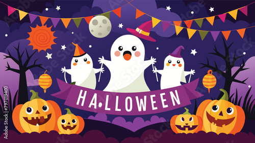 Join us for a haunting Halloween night, where ghosts gather for a spectral celebration alongside pumpkins, bats, and the full moon shining above. Spooky banner illustration.
