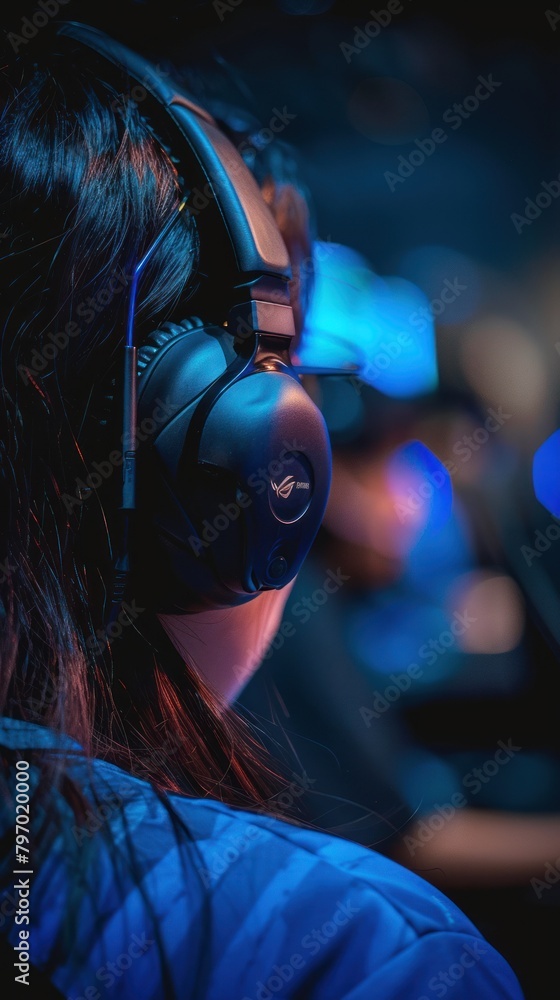 A woman with long black hair in a blue jacket wears a large headset. The background is blurred and a blue light shines on her. A woman with long black hair in a blue jacket wears a large headset. The background is blurred and a blue light shines on her.