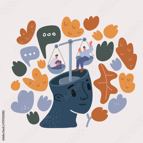 Vector illustration of scales in human brain. Men with heart and money signs in mind. Choosing of challengers
